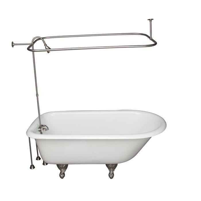 BARCLAY TKCTR67-SN4 BROCTON 68 INCH CAST IRON FREESTANDING CLAWFOOT SOAKER BATHTUB IN WHITE WITH METAL LEVER TUB FILLER AND 3/4 INCH RECTANGULAR SHOWER UNIT IN BRUSHED NICKEL