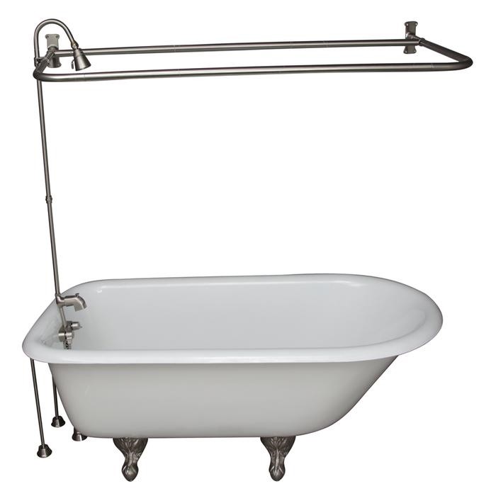 BARCLAY TKCTR67-SN5 BROCTON 68 INCH CAST IRON FREESTANDING CLAWFOOT SOAKER BATHTUB IN WHITE WITH METAL LEVER TUB FILLER AND 1 INCH RECTANGULAR SHOWER UNIT IN BRUSHED NICKEL