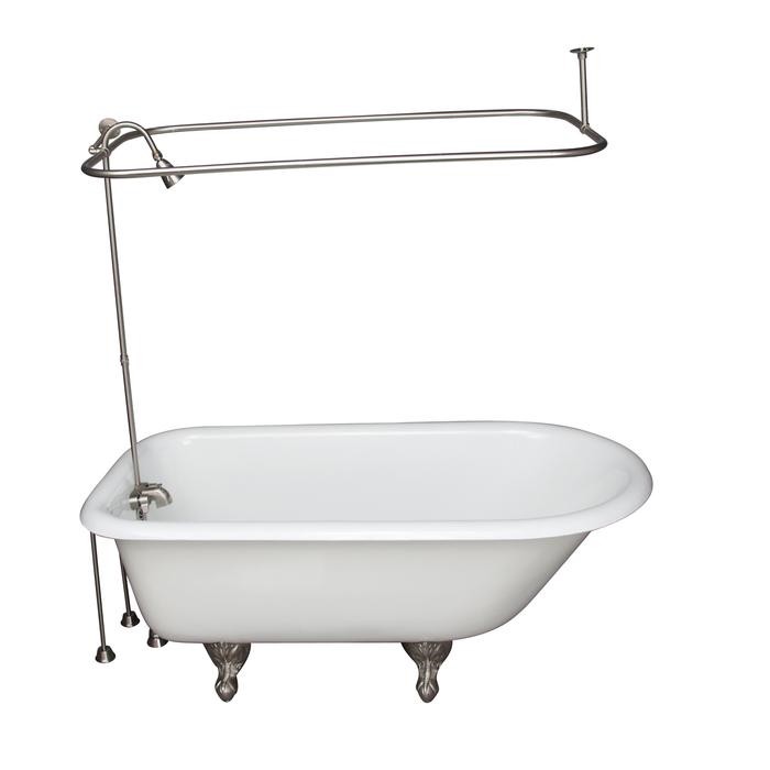 BARCLAY TKCTR67-SN6 BROCTON 68 INCH CAST IRON FREESTANDING CLAWFOOT SOAKER BATHTUB IN WHITE WITH METAL LEVER TUB FILLER AND 3/4 INCH RECTANGULAR SHOWER UNIT SIDE WALL SUPPORT IN BRUSHED NICKEL