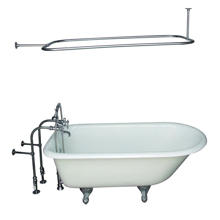 BARCLAY TKCTRN60-CP10 BARTLETT 60 3/4 INCH CAST IRON FREESTANDING CLAWFOOT SOAKER BATHTUB IN WHITE WITH FINIAL METAL LEVER HANDLE TUB FILLER AND 54 INCH RECTANGULAR SHOWER ROD IN POLISHED CHROME