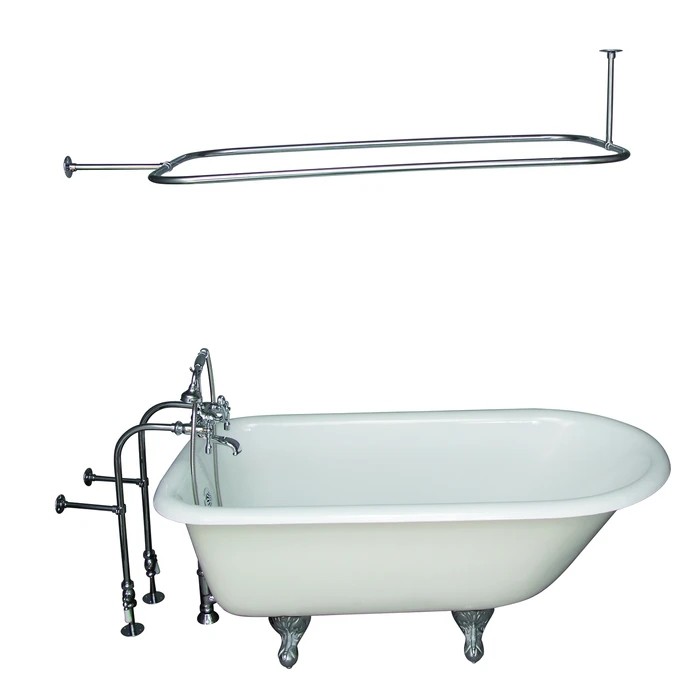 BARCLAY TKCTRN60-CP11 BARTLETT 60 3/4 INCH CAST IRON FREESTANDING CLAWFOOT SOAKER BATHTUB IN WHITE WITH METAL LEVER HANDLE TUB FILLER AND 54 INCH RECTANGULAR SHOWER ROD IN POLISHED CHROME