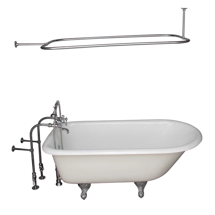 BARCLAY TKCTRN67-CP10 BROCTON 68 INCH CAST IRON FREESTANDING SOAKER BATHTUB IN WHITE WITH FINIAL METAL LEVER HANDLE TUB FILLER AND 54 INCH RECTANGULAR SHOWER ROD IN POLISHED CHROME