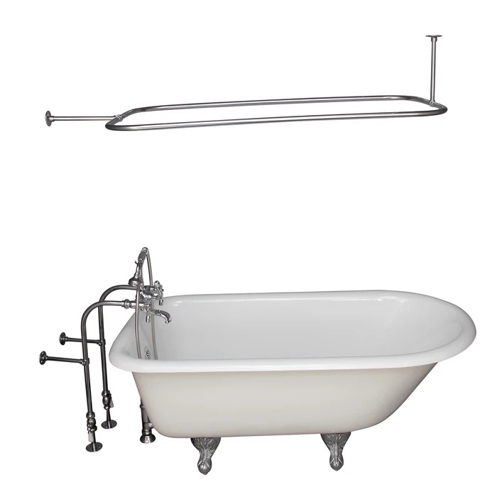 BARCLAY TKCTRN67-CP11 BROCTON 68 INCH CAST IRON FREESTANDING SOAKER BATHTUB IN WHITE WITH METAL LEVER HANDLE TUB FILLER 54 INCH RECTANGULAR SHOWER ROD IN POLISHED CHROME
