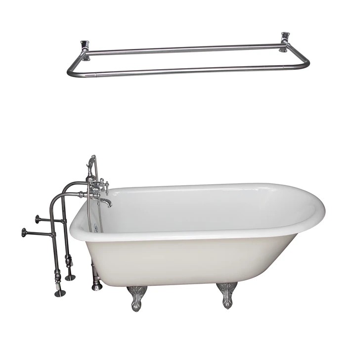 BARCLAY TKCTRN67-CP13 BROCTON 68 INCH CAST IRON FREESTANDING SOAKER BATHTUB IN WHITE WITH FINIAL METAL LEVER HANDLE TUB FILLER AND 60 INCH D-SHOWER ROD IN POLISHED CHROME