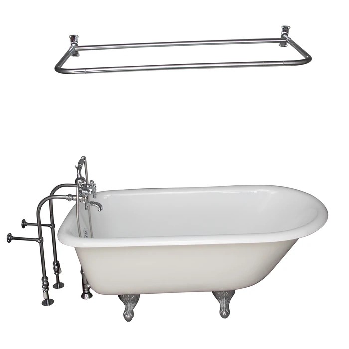 BARCLAY TKCTRN67-CP14 BROCTON 68 INCH CAST IRON FREESTANDING SOAKER BATHTUB IN WHITE WITH METAL LEVER HANDLE TUB FILLER AND 60 INCH D-SHOWER ROD IN POLISHED CHROME