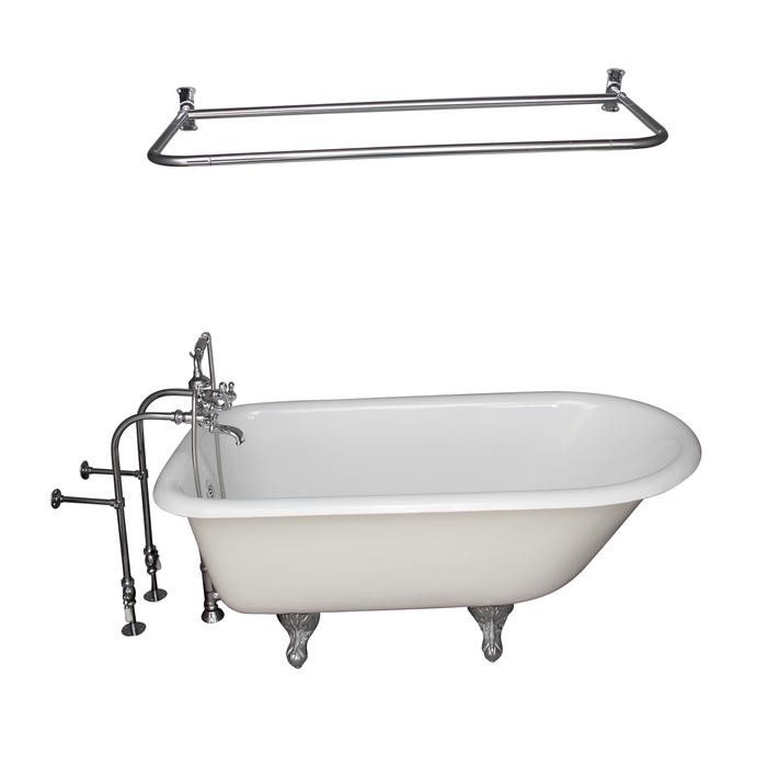 BARCLAY TKCTRN67-CP15 BROCTON 68 INCH CAST IRON FREESTANDING SOAKER BATHTUB IN WHITE WITH METAL CROSS HANDLE TUB FILLER AND 60 INCH D-SHOWER ROD IN POLISHED CHROME