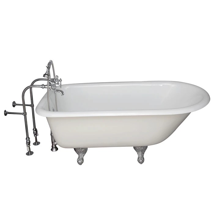 BARCLAY TKCTRN67-CP7 BROCTON 68 INCH CAST IRON FREESTANDING SOAKER BATHTUB IN WHITE WITH FINIAL METAL LEVER HANDLE TUB FILLER AND HAND SHOWER IN POLISHED CHROME