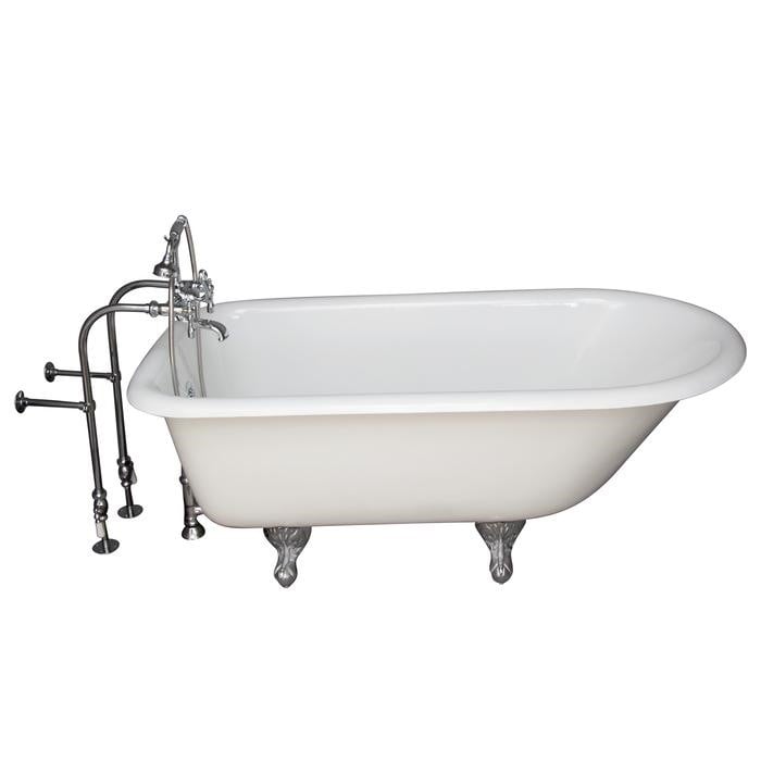 BARCLAY TKCTRN67-CP8 BROCTON 68 INCH CAST IRON FREESTANDING SOAKER BATHTUB IN WHITE WITH METAL LEVER HANDLE TUB FILLER AND HAND SHOWER IN POLISHED CHROME