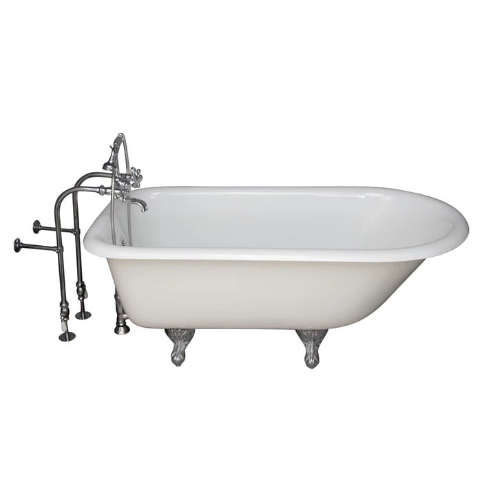 BARCLAY TKCTRN67-CP9 BROCTON 68 INCH CAST IRON FREESTANDING SOAKER BATHTUB IN WHITE WITH METAL CROSS HANDLE TUB FILLER AND HAND SHOWER IN POLISHED CHROME