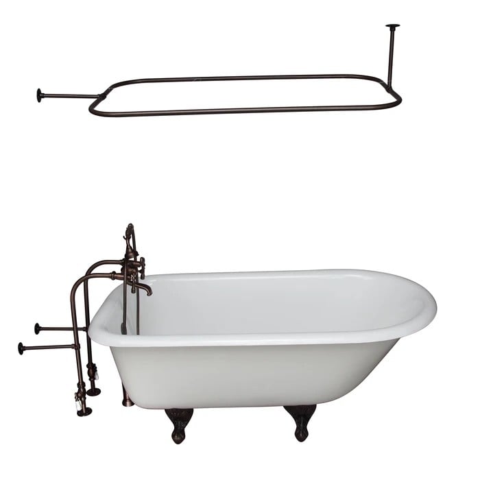 BARCLAY TKCTRN67-ORB11 BROCTON 68 INCH CAST IRON FREESTANDING SOAKER BATHTUB IN WHITE WITH METAL LEVER HANDLE TUB FILLER AND 48 INCH RECTANGULAR SHOWER ROD IN OIL RUBBED BRONZE