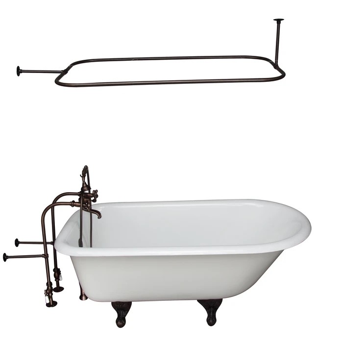 BARCLAY TKCTRN67-ORB12 BROCTON 68 INCH CAST IRON FREESTANDING SOAKER BATHTUB IN WHITE WITH METAL CROSS HANDLE TUB FILLER AND 48 INCH RECTANGULAR SHOWER ROD IN OIL RUBBED BRONZE