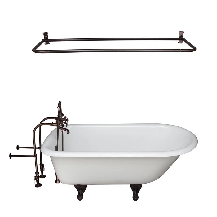 BARCLAY TKCTRN67-ORB13 BROCTON 68 INCH CAST IRON FREESTANDING SOAKER BATHTUB IN WHITE WITH FINIAL METAL LEVER HANDLE TUB FILLER AND 60 INCH D-SHOWER ROD IN OIL RUBBED BRONZE