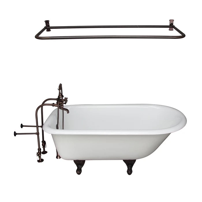 BARCLAY TKCTRN67-ORB15 BROCTON 68 INCH CAST IRON FREESTANDING SOAKER BATHTUB IN WHITE WITH METAL CROSS HANDLE TUB FILLER AND 60 INCH D-SHOWER ROD IN OIL RUBBED BRONZE