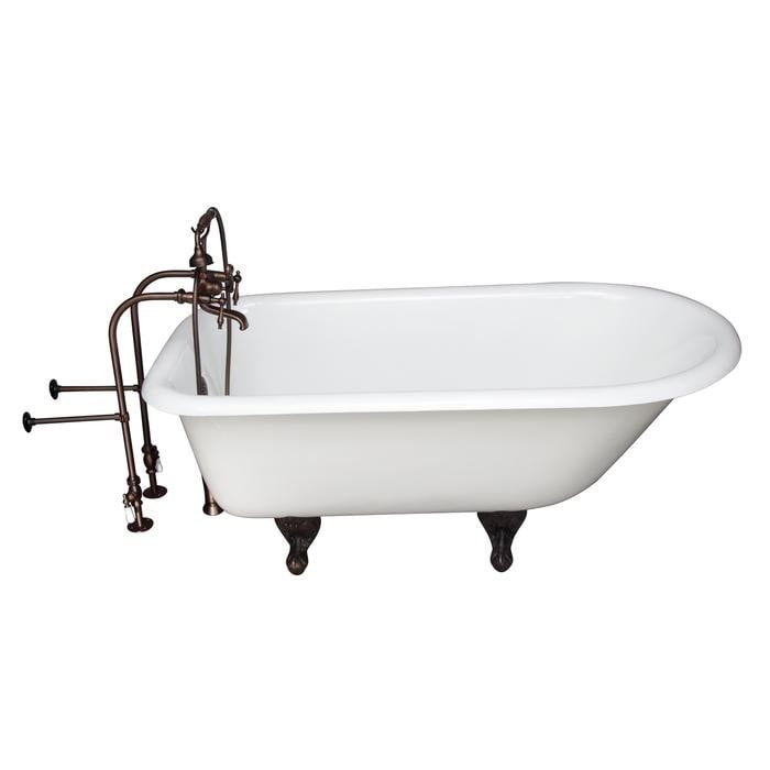 BARCLAY TKCTRN67-ORB7 BROCTON 68 INCH CAST IRON FREESTANDING SOAKER BATHTUB IN WHITE WITH FINIAL METAL LEVER HANDLE TUB FILLER AND HAND SHOWER IN OIL RUBBED BRONZE