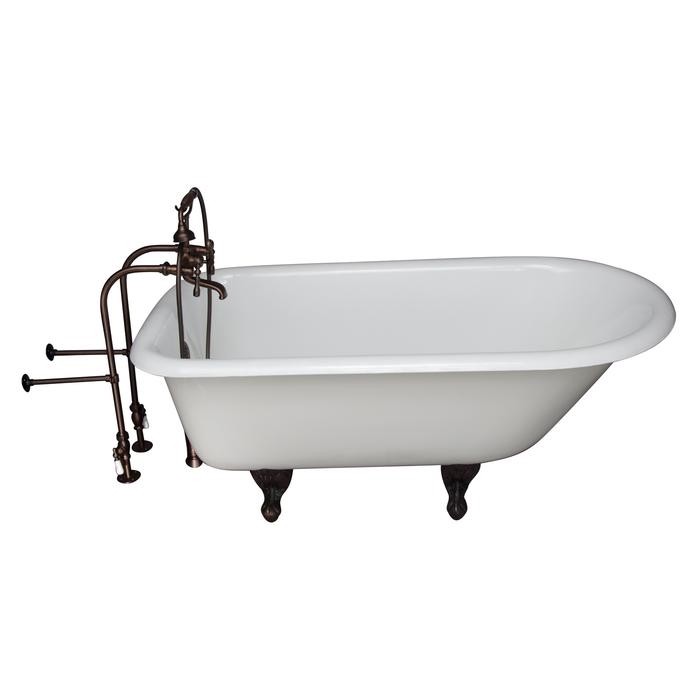 BARCLAY TKCTRN67-ORB8 BROCTON 68 INCH CAST IRON FREESTANDING SOAKER BATHTUB IN WHITE WITH METAL LEVER HANDLE TUB FILLER AND HAND SHOWER IN OIL RUBBED BRONZE