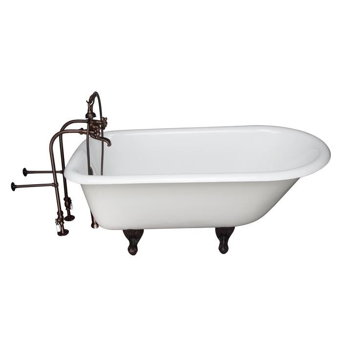 BARCLAY TKCTRN67-ORB9 BROCTON 68 INCH CAST IRON FREESTANDING SOAKER BATHTUB IN WHITE WITH METAL CROSS HANDLE TUB FILLER AND HAND SHOWER IN OIL RUBBED BRONZE