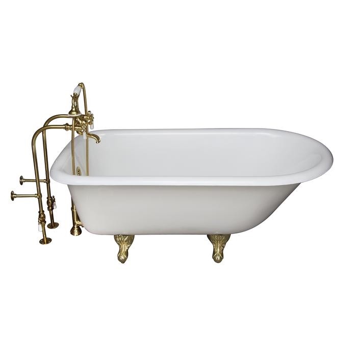 BARCLAY TKCTRN67-PB1 BROCTON 68 INCH CAST IRON FREESTANDING SOAKER BATHTUB IN WHITE WITH PORCELAIN LEVER HANDLE TUB FILLER AND HAND SHOWER IN POLISHED BRASS