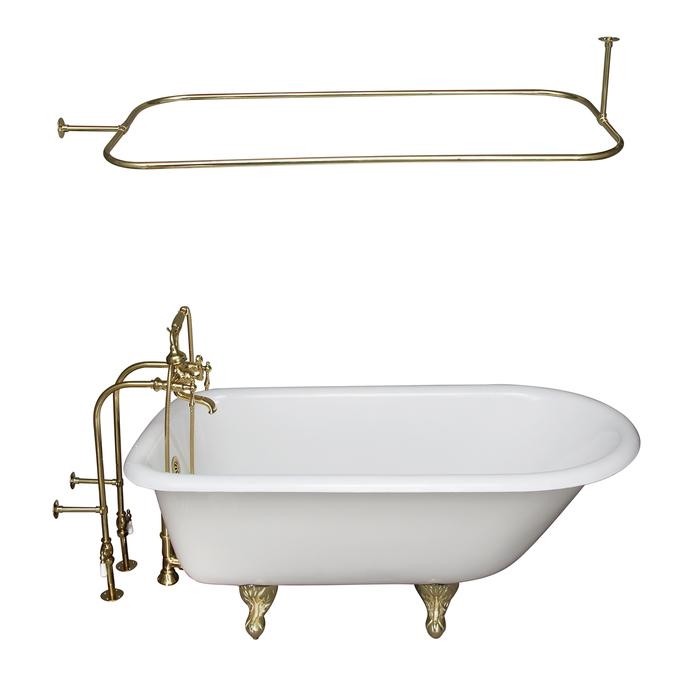 BARCLAY TKCTRN67-PB10 BROCTON 68 INCH CAST IRON FREESTANDING SOAKER BATHTUB IN WHITE WITH FINIAL METAL LEVER HANDLE TUB FILLER AND 54 INCH RECTANGULAR SHOWER ROD IN POLISHED BRASS