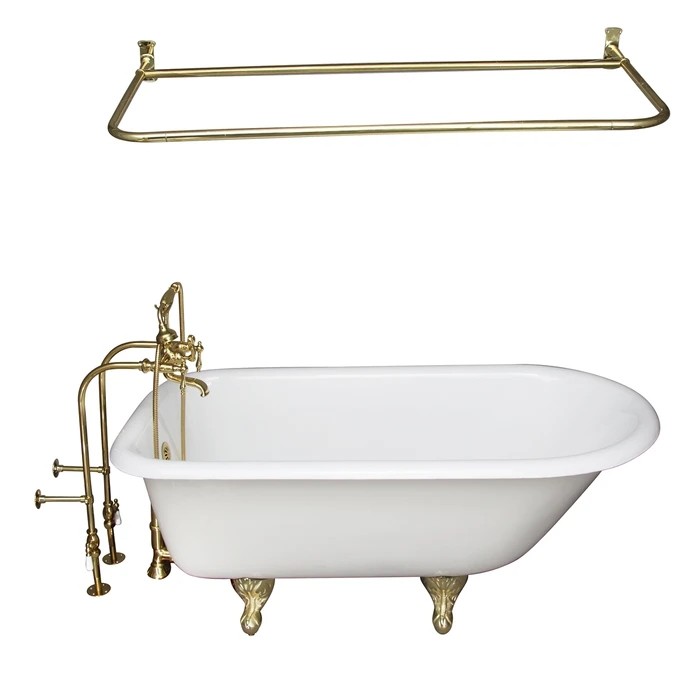 BARCLAY TKCTRN67-PB13 BROCTON 68 INCH CAST IRON FREESTANDING SOAKER BATHTUB IN WHITE WITH FINIAL METAL LEVER HANDLE TUB FILLER AND 60 INCH D-SHOWER ROD IN POLISHED BRASS
