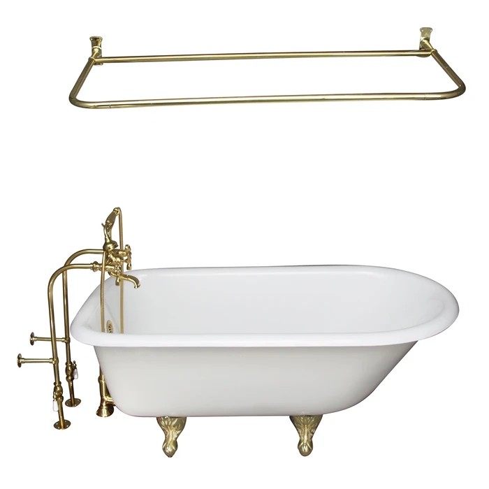 BARCLAY TKCTRN67-PB14 BROCTON 68 INCH CAST IRON FREESTANDING SOAKER BATHTUB IN WHITE WITH METAL LEVER HANDLE TUB FILLER AND 60 INCH D-SHOWER ROD IN POLISHED BRASS