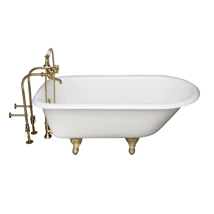 BARCLAY TKCTRN67-PB2 BROCTON 68 INCH CAST IRON FREESTANDING SOAKER BATHTUB IN WHITE WITH METAL CROSS HANDLE WALL MOUNT TUB FILLER AND HAND SHOWER IN POLISHED BRASS