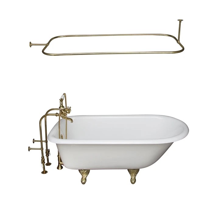 BARCLAY TKCTRN67-PB4 BROCTON 68 INCH CAST IRON FREESTANDING SOAKER BATHTUB IN WHITE WITH METAL CROSS HANDLE TUB FILLER AND 48 INCH RECTANGULAR SHOWER ROD IN POLISHED BRASS