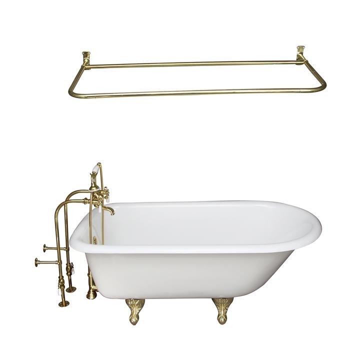 BARCLAY TKCTRN67-PB5 BROCTON 68 INCH CAST IRON FREESTANDING SOAKER BATHTUB IN WHITE WITH PORCELAIN LEVER HANDLE TUB FILLER AND 54 INCH D-SHOWER ROD IN POLISHED BRASS