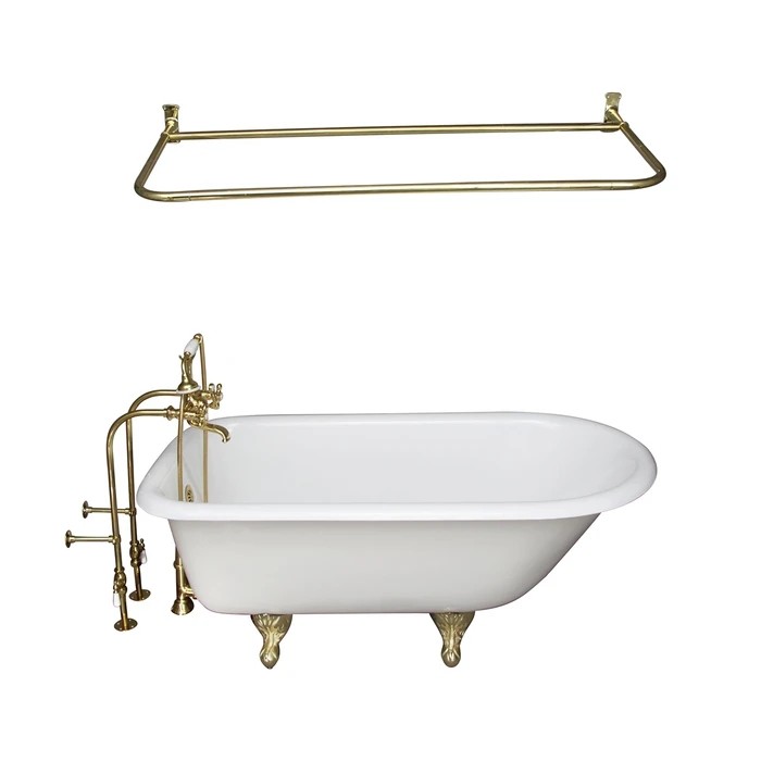 BARCLAY TKCTRN67-PB6 BROCTON 68 INCH CAST IRON FREESTANDING SOAKER BATHTUB IN WHITE WITH METAL CROSS HANDLE TUB FILLER AND 54 INCH D-SHOWER ROD IN POLISHED BRASS