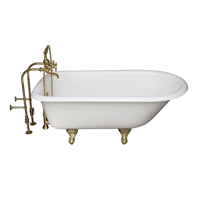 BARCLAY TKCTRN67-PB7 BROCTON 68 INCH CAST IRON FREESTANDING SOAKER BATHTUB IN WHITE WITH FINIAL METAL LEVER HANDLE TUB FILLER AND HAND SHOWER IN POLISHED BRASS