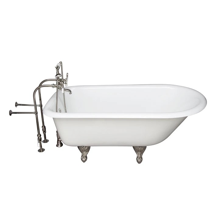BARCLAY TKCTRN67-PN1 BROCTON 68 INCH CAST IRON FREESTANDING SOAKER BATHTUB IN WHITE WITH PORCELAIN LEVER HANDLE TUB FILLER AND HAND SHOWER IN POLISHED NICKEL