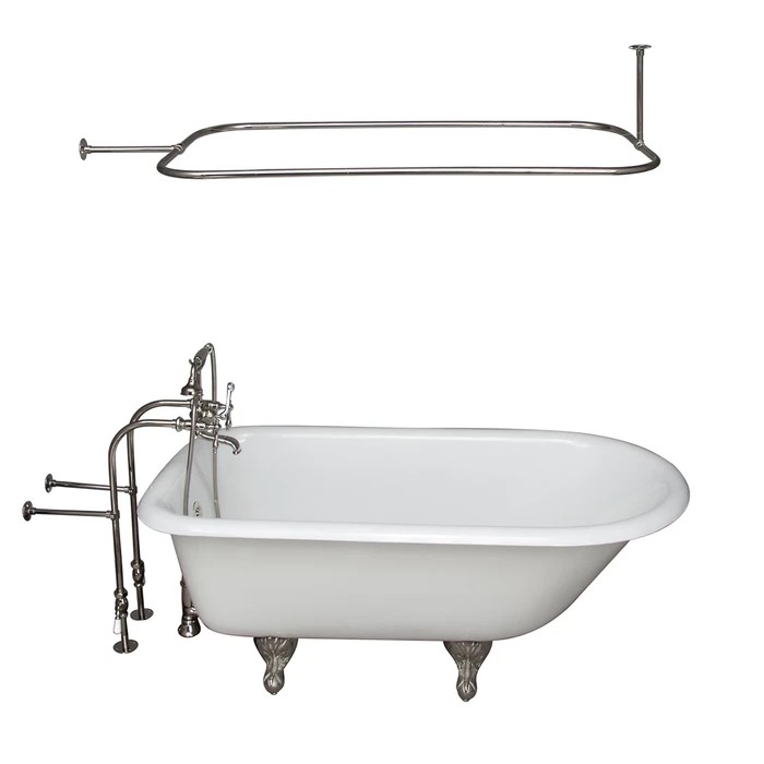 BARCLAY TKCTRN67-PN10 BROCTON 68 INCH CAST IRON FREESTANDING SOAKER BATHTUB IN WHITE WITH FINIAL METAL LEVER HANDLE TUB FILLER AND 48 INCH RECTANGULAR SHOWER ROD IN POLISHED NICKEL