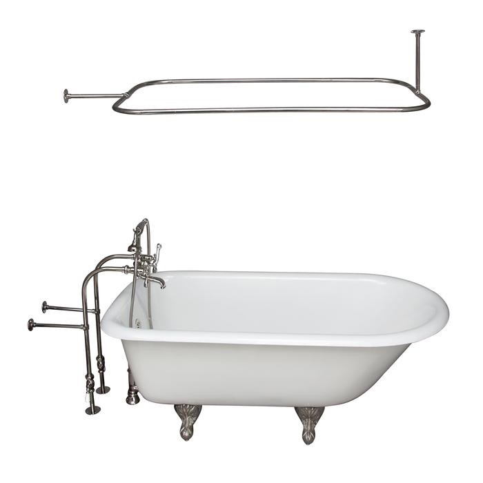 BARCLAY TKCTRN67-PN11 BROCTON 68 INCH CAST IRON FREESTANDING SOAKER BATHTUB IN WHITE WITH METAL LEVER HANDLE TUB FILLER AND 48 INCH RECTANGULAR SHOWER ROD IN POLISHED NICKEL