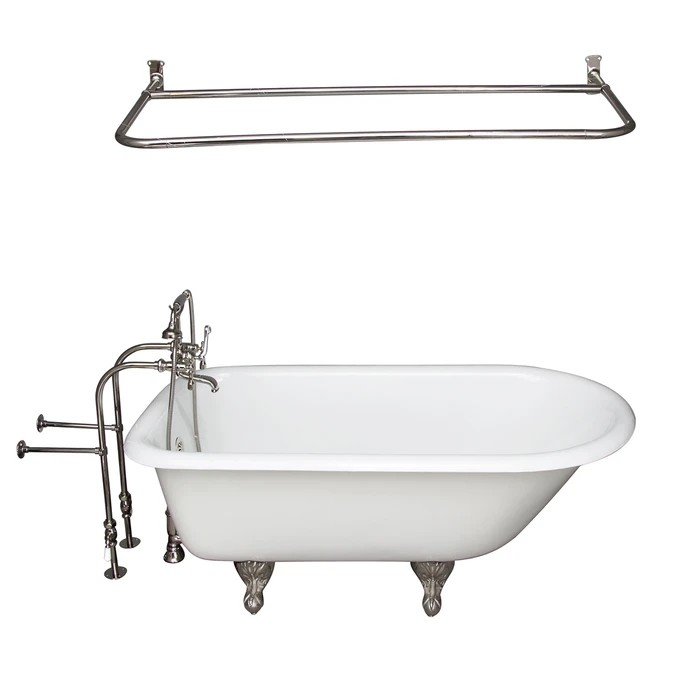 BARCLAY TKCTRN67-PN14 BROCTON 68 INCH CAST IRON FREESTANDING SOAKER BATHTUB IN WHITE WITH METAL LEVER TUB FILLER AND 60 INCH D-SHOWER ROD IN POLISHED NICKEL