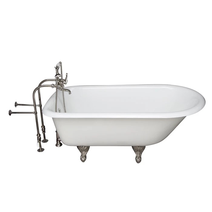 BARCLAY TKCTRN67-PN2 BROCTON 68 INCH CAST IRON FREESTANDING SOAKER BATHTUB IN WHITE WITH METAL CROSS HANDLE TUB FILLER AND HAND SHOWER IN POLISHED NICKEL
