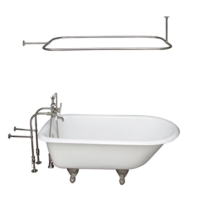 BARCLAY TKCTRN67-PN3 BROCTON 68 INCH CAST IRON FREESTANDING SOAKER BATHTUB IN WHITE WITH PORCELAIN LEVER HANDLE TUB FILLER AND 48 INCH RECTANGULAR SHOWER ROD IN POLISHED NICKEL