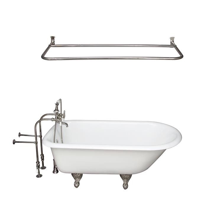 BARCLAY TKCTRN67-PN5 BROCTON 68 INCH CAST IRON FREESTANDING SOAKER BATHTUB IN WHITE WITH PORCELAIN LEVER HANDLE TUB FILLER AND 54 INCH D-SHOWER ROD IN POLISHED NICKEL