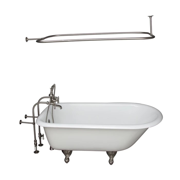 BARCLAY TKCTRN67-SN11 BROCTON 68 INCH CAST IRON FREESTANDING SOAKER BATHTUB IN WHITE WITH METAL LEVER HANDLE TUB FILLER AND 54 INCH RECTANGULAR SHOWER ROD IN BRUSHED NICKEL
