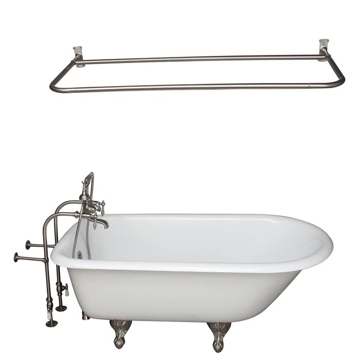 BARCLAY TKCTRN67-SN13 BROCTON 68 INCH CAST IRON FREESTANDING SOAKER BATHTUB IN WHITE WITH FINIAL METAL LEVER HANDLE TUB FILLER AND 60 INCH D-SHOWER ROD IN BRUSHED NICKEL