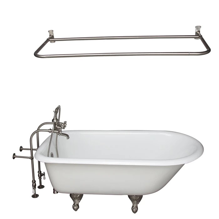 BARCLAY TKCTRN67-SN15 BROCTON 68 INCH CAST IRON FREESTANDING SOAKER BATHTUB IN WHITE WITH METAL CROSS HANDLE TUB FILLER AND 60 INCH D-SHOWER ROD IN BRUSHED NICKEL
