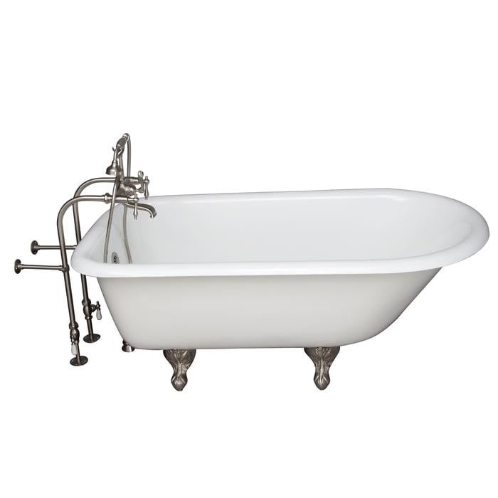 BARCLAY TKCTRN67-SN7 BROCTON 68 INCH CAST IRON FREESTANDING SOAKER BATHTUB IN WHITE WITH FINIAL METAL LEVER HANDLE TUB FILLER AND HAND SHOWER IN BRUSHED NICKEL