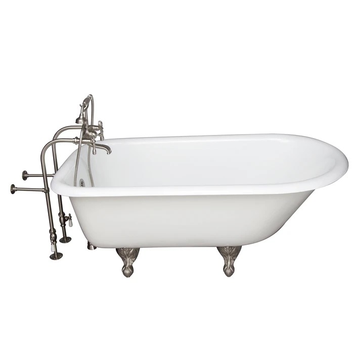 BARCLAY TKCTRN67-SN8 BROCTON 68 INCH CAST IRON FREESTANDING SOAKER BATHTUB IN WHITE WITH METAL LEVER HANDLE TUB FILLER AND HAND SHOWER IN BRUSHED NICKEL