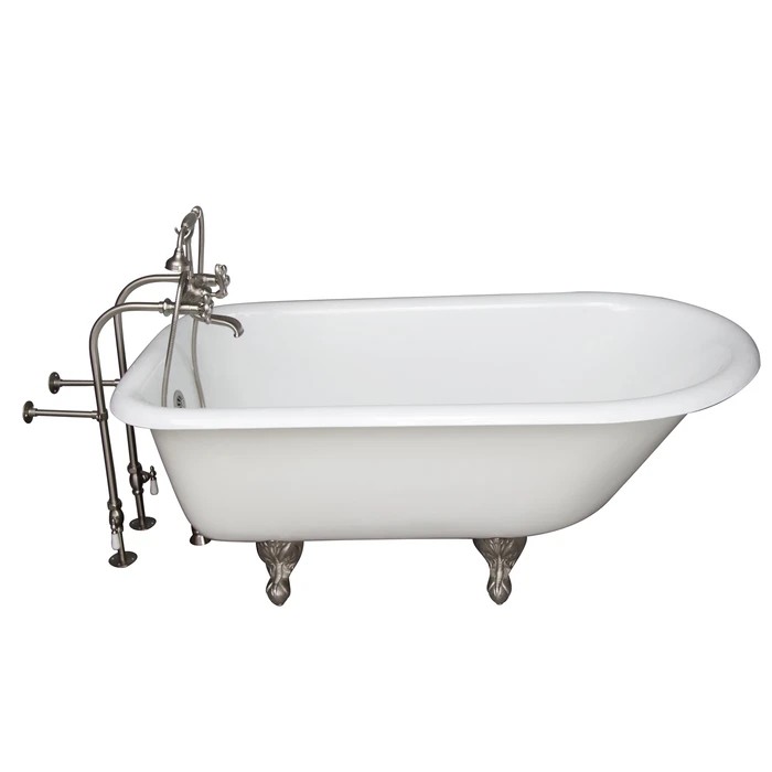 BARCLAY TKCTRN67-SN9 BROCTON 68 INCH CAST IRON FREESTANDING SOAKER BATHTUB IN WHITE WITH METAL CROSS HANDLE TUB FILLER AND HAND SHOWER IN BRUSHED NICKEL