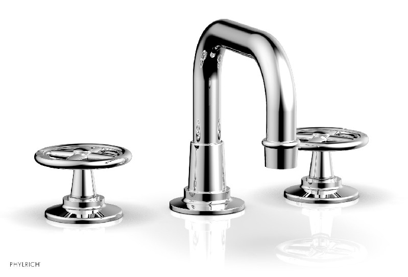 PHYLRICH 220-03 WORKS 6 1/4 INCH THREE HOLES WIDESPREAD DECK BATHROOM FAUCET WITH WHEEL HANDLES AND LOW SPOUT