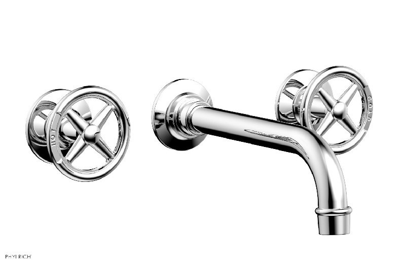 PHYLRICH 220-11 WORKS 2 3/8 INCH THREE HOLES WIDESPREAD WALL BATHROOM FAUCET WITH WHEEL HANDLES