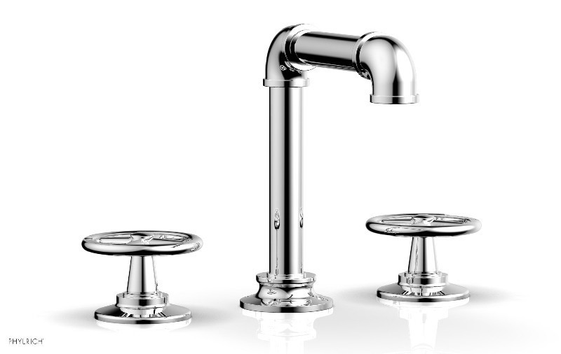 PHYLRICH 221-01 WORKS II 7 3/16 INCH THREE HOLES WIDESPREAD DECK BATHROOM FAUCET WITH WHEEL HANDLES AND HIGH SPOUT