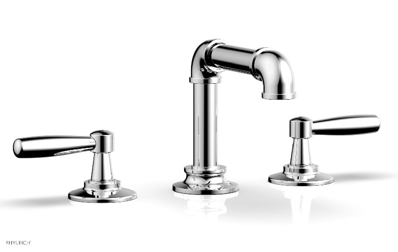 PHYLRICH 221-04 WORKS II 5 7/16 INCH THREE HOLES WIDESPREAD DECK BATHROOM FAUCET WITH LEVER HANDLES AND LOW SPOUT