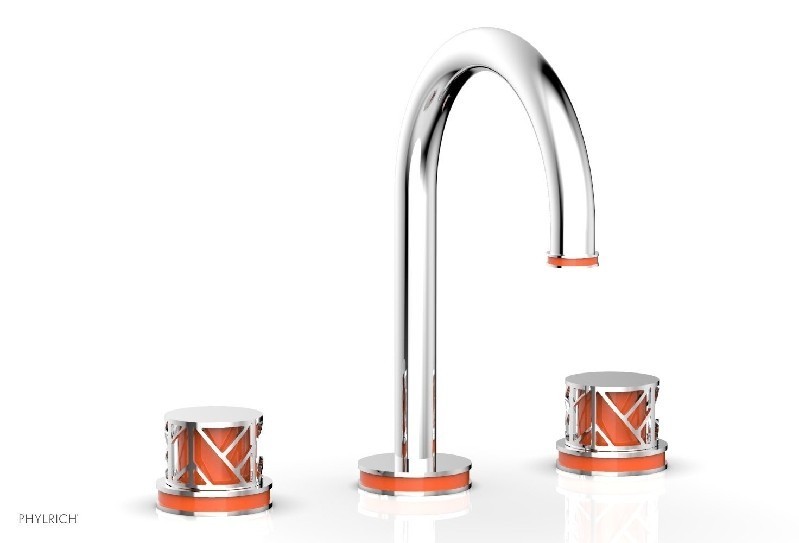 PHYLRICH 222-01-042 JOLIE 10 3/8 INCH THREE HOLES WIDESPREAD DECK BATHROOM FAUCET WITH ROUND HANDLES AND ORANGE ACCENTS