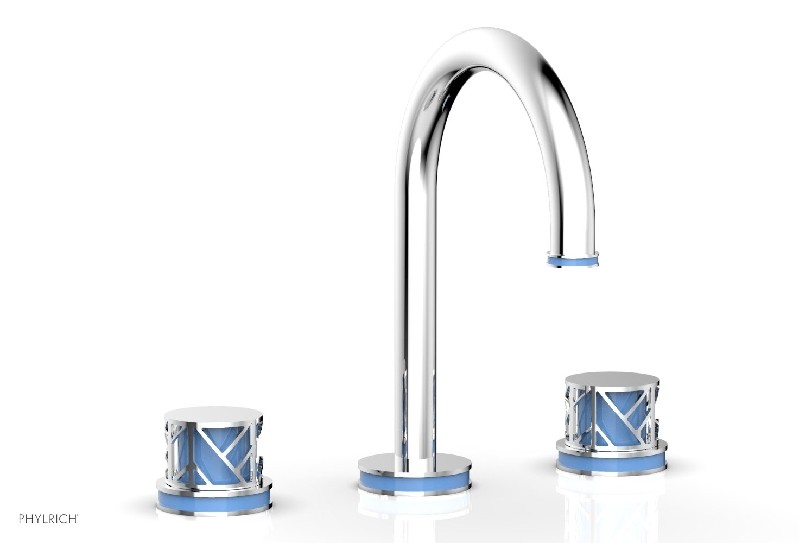 PHYLRICH 222-01-043 JOLIE 10 3/8 INCH THREE HOLES WIDESPREAD DECK BATHROOM FAUCET WITH ROUND HANDLES AND LIGHT BLUE ACCENTS