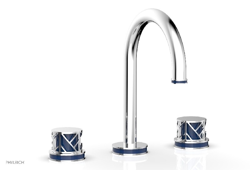 PHYLRICH 222-01-044 JOLIE 10 3/8 INCH THREE HOLES WIDESPREAD DECK BATHROOM FAUCET WITH ROUND HANDLES AND NAVY BLUE ACCENTS