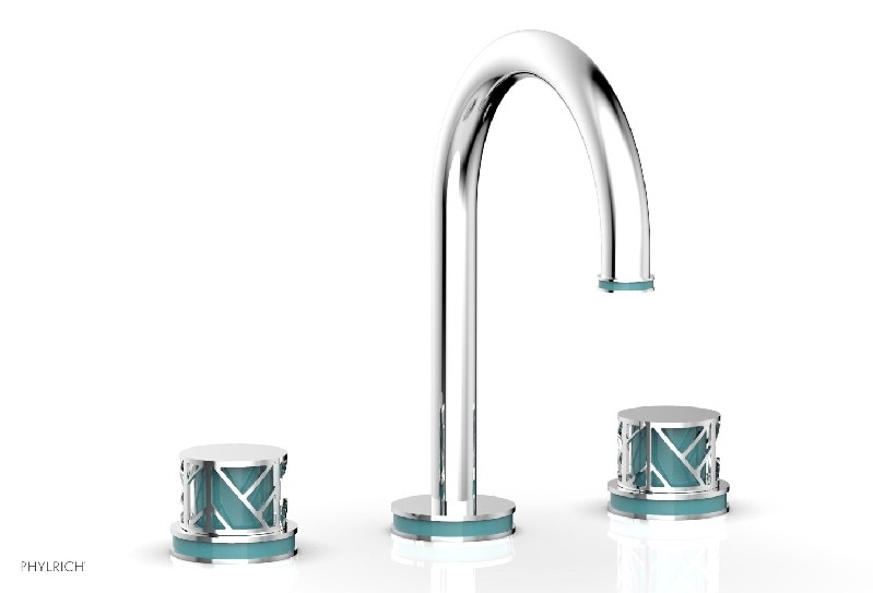 PHYLRICH 222-01-049 JOLIE 10 3/8 INCH THREE HOLES WIDESPREAD DECK BATHROOM FAUCET WITH ROUND HANDLES AND TURQUOISE ACCENTS